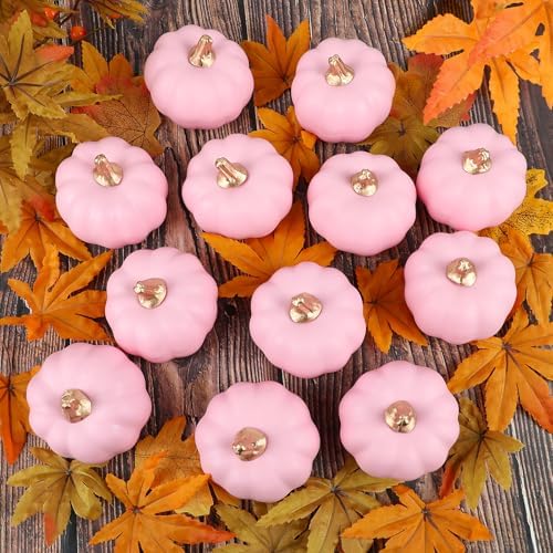 FOIMAS 12pcs Pink Artificial Pumpkins,Small Faux Pumpkins Lifelike Foam Pumpkin for Fall Halloween Thanksgiving Home Decoration Harvest Decor