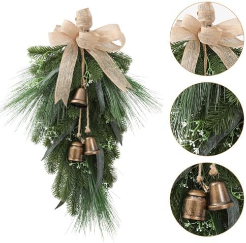 Artificial Christmas Swag with Bells and Bow, 20 Inch Norfolk Pine Teardrop Garland, Christmas Pine Needle Wreath for Door Window Mantle Fireplace Wall Indoor Outdoor Home Decor (Green)