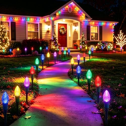 25LED 27Ft C9 Solar Christmas Yard Stake Lights for Outdoor Decorations
