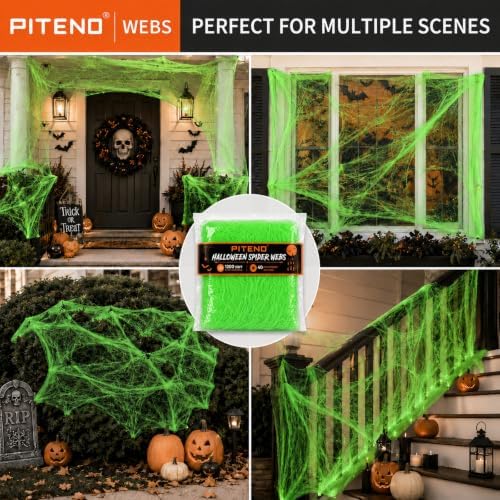 Piteno® 1200 sqft Spider Webs Halloween Decorations with 40 Fake Spiders, Stretchable Halloween Spider Webs for Indoor Outdoor Haunted House Yard Porch Party Decor (Green)