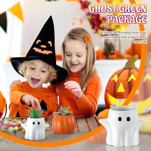 Newtay 4 Pack Halloween Pumpkin Ghost Planter 3 Inch Halloween Succulent Pots Bucket Vase Gifts Resin Small Flower Pots for Home Office Party, Plants Not Included