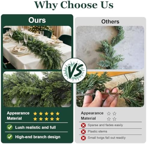 15FT Christmas Cedar Garland,Real Touch Soft Greenery Christmas Decorations