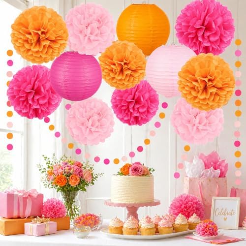 14 Pcs Pink Orange Party Decorations, Pom Poms, Paper Lanterns, Garlands