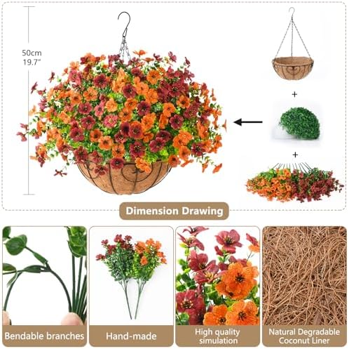 Artificial Fall Hanging Flowers Basket, UV Resistant Mums for Outdoors