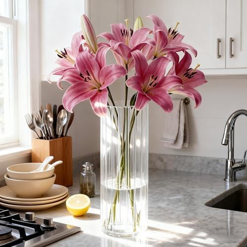 Flower Vase, Non-breakable Vase for Flower, Ribbed Acrylic Vase, 5"W x 16"H Tall Clear Cylinder Vases for Centerpieces, Living Room, Dining Table, Office, Bookshelf Decoration Housewarming Gift
