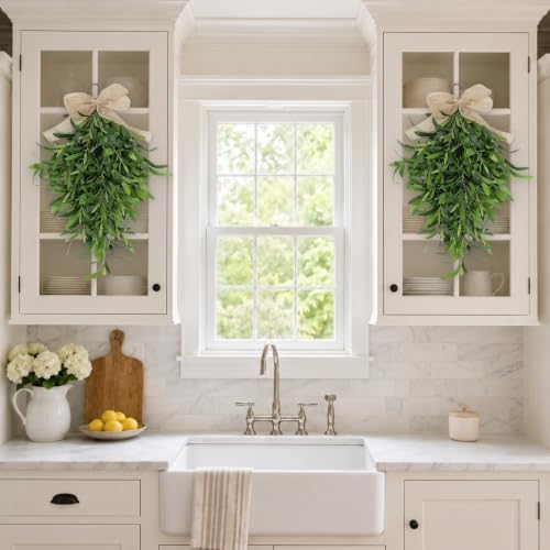 2 Pack 22 Inch Olive Branch Swag for Front Door, Artificial Teardrop Wreaths with Burlap Bow, Faux Greenery Front Door Swag for Spring Summer Farmhouse Covered Porch Wall