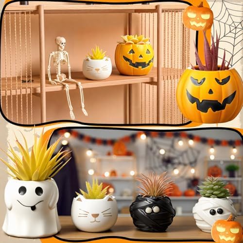 DoubleFill 8 Pcs Halloween Ceramic Succulent Planters Small Flower Pots