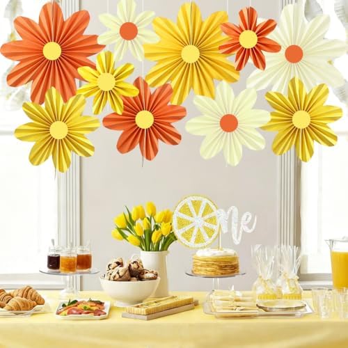 Orange Yellow Paper Flower Decorations Hanging Paper Fans 10Pcs