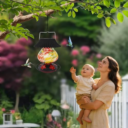 Solar Hummingbird Feeder, Hand Blown Glass Multicolor Night Lights