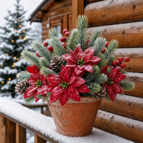 6PCS Artificial Christmas Poinsettia Flowers Fake Poinsettias Pine Cones Red Berry Picks Stems Holly Holiday for Xmas Tree Party Decoration DIY Indoor Outdoor Planters Table Vase Centerpieces