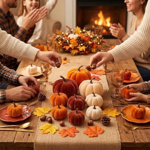 30 Pcs Velvet Fall Pumpkins Set with Leaves, Acorns & Pine Cones