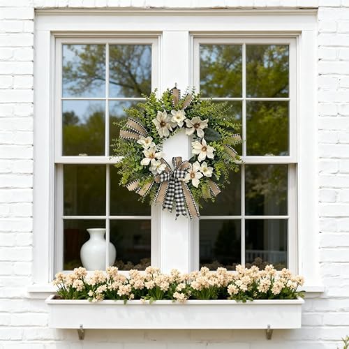 24 Inch Artificial Magnolia Wreath for Front Door – Farmhouse Boxwood Greenery Wreath with Buffalo Plaid Bow, Year-Round Rustic Home Wall Decor for Porch, Entryway, Living Room