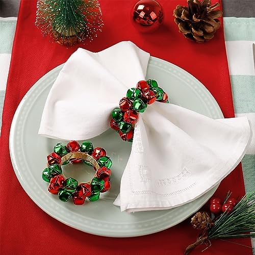Christmas Napkin Rings Set of 8, Bells Napkin Rings with Green and Red Bell Gold Buckles for Table Decor, Weddings, Parties