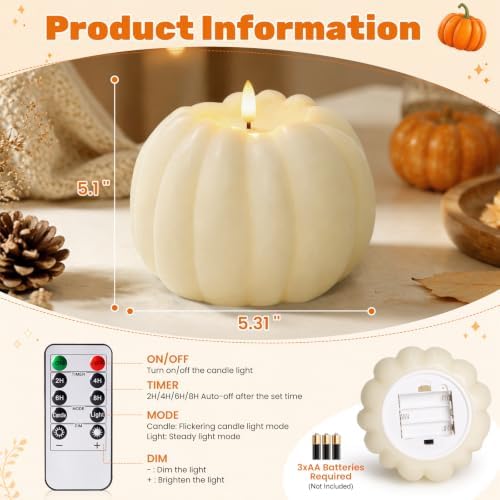 Fall Decor, Fall Decorations for Home, Large Flameless Pumpkin Candle White