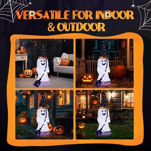 VINGLI 4FT Scary Lighted Halloween Decorations Outdoor, Pop Up Halloween Ghost Decorations, Light Up Ghost Decor with Pre-lit 135 LEDs, Cute Broom, Black Hat for Porch Yard Lawn Patio