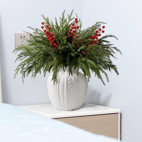 15 Pcs Christmas Norfolk Pine Branches Red Berry Stem Faux Christmas Sprigs