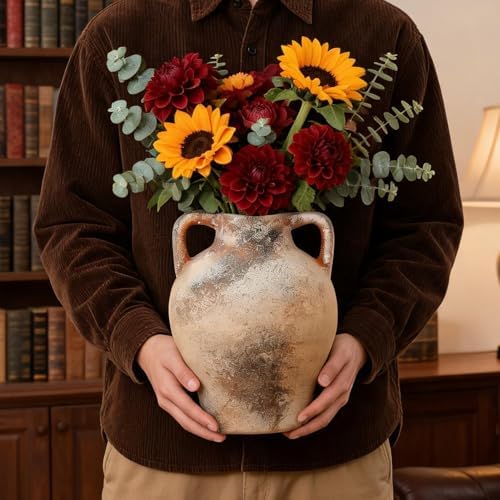 Ceramic Flower Vase, 8.7" Rustic Farmhouse Table Vase, Decorative Pottery Vase with Glazed Interior for Fresh Flowers, Eucalyptus, Entryway, Kitchen, Shelf and Bedroom Decor
