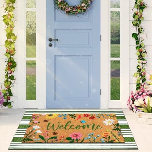 Tinideya 2 Pcs Summer Floral Doormat Outdoor Layered Wildflower Welcome Mat