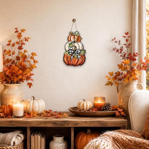 Smile Fall Wooden Door Hanger Stacked Pumpkins and Plaid Bow