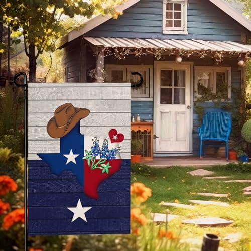 Texas Bluebonnet Garden Flag Cowboy Hat Texas State Yard Flag Americana Western Garden Flags Polyester Double Sided for Outdoor Lawn Yard Patio Deck Porch Welcome Banner Gift 12 x 18 Inch