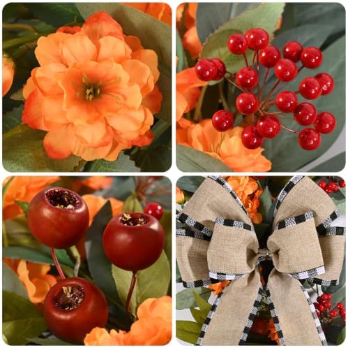 26" Fall Wreaths for Front Door, Fall Wreath with Red Berries & Bow