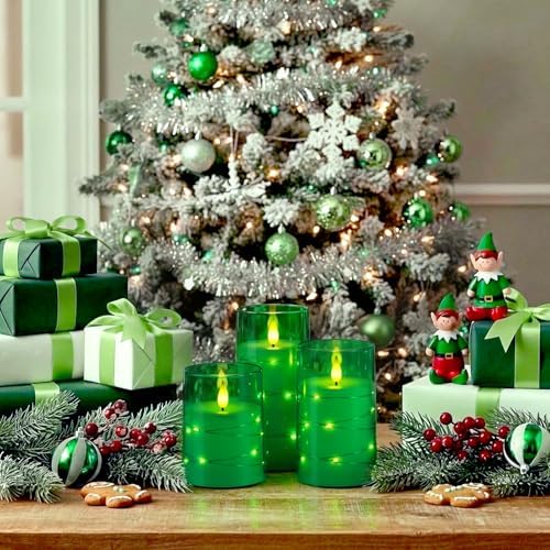 Homemory Flickering Flameless Candles, Green LED Pillar Candles with Remote