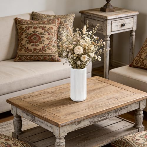 TIMEFOTO White Ceramic Flower Vase for Pampas Grass, 6 inch Small Decorative Centerpiece Ribbed Vase for Dining Table, Office Desktop, Shelf Bookshelf, Mantel, Bathroom, Countertop, Farmhouse, Gift