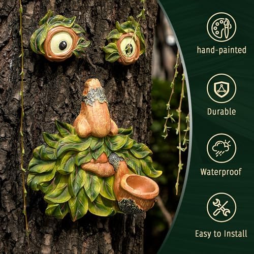 Tree Faces Decor Outdoor with Bird Feeder, Whimsical Tree Art - 8 Inch
