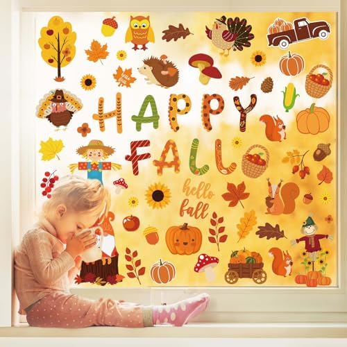 Whaline 9 Sheets Happy Fall Thanksgiving Window Clings Autumn Cute Cartoon Window Stickers Static Reusable Glass Decals for Harvest Party Home Classroom Office Decor Supplies