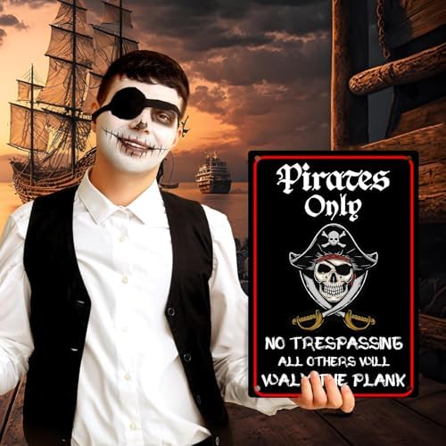 Halloween Decorations Outdoor Pirate Metal Signs 12"x8", Pirates Only NO TRESPASSING ALL OTHERS WILL WALK THE PLANK, Halloween Pirate Theme Party Patio, lawn and garden court yard signs Decor