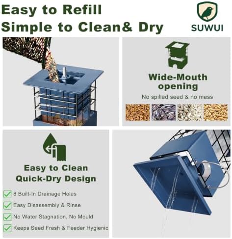 Squirrel Proof Bird Feeder, 3.5Lbs Metal Wild Bird Feeders Anti Squirrel with 4 Feeding Ports for Garden Bird Feeding Station Outdoors Hanging, Pigeon Resistant, Easy to Clean & Refill （Blue）