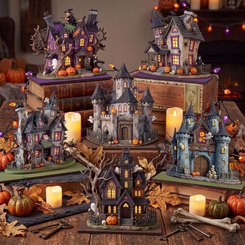 Yuntau 6 Pcs Halloween Wooden Table Decorations Haunted House Table Centerpiece Decor Spooky Ghost Pumpkin Castle Tabletop Signs with Stands, Rustic Tiered Tray Mantel Decor for Halloween Party