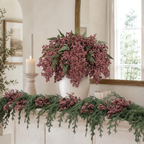 6Pcs 17'' Artificial Nandina Berry Stems Muted Burgundy Branches Home Decor