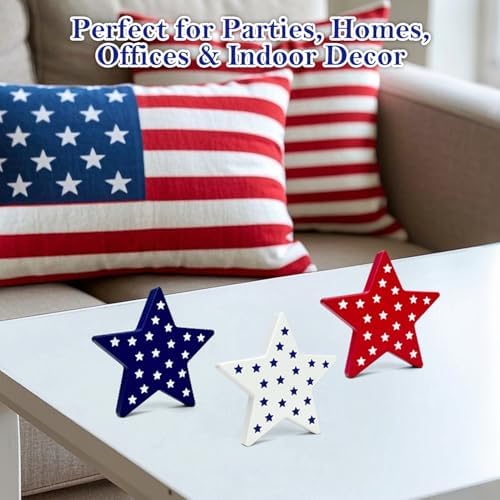 4th of July Table Decorations 3 PCS, Fourth of July Red White Blue Wooden Star Decor Centerpiece for Indoor Home, 250th Anniversary Memorial Day Patriotic Gift Sign for Mantel Office Tiered Tray Party