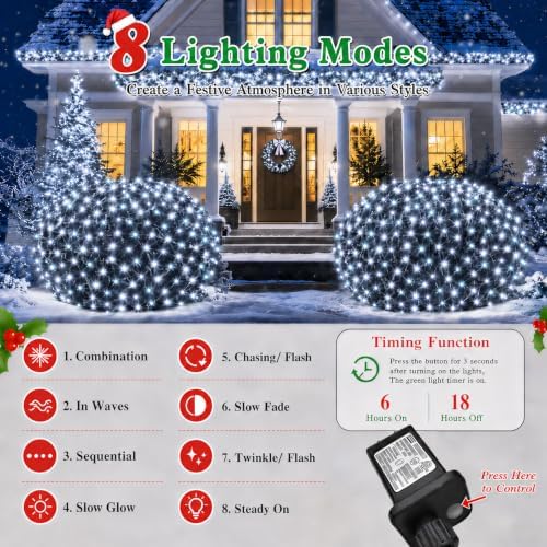 OYCBUZO 300LED Net Lights, 14.8ft x 5ft Connectable Christmas Net Lights 8 Modes, Waterproof Mesh Lights Plug in for Bushes Xmas Tree Holiday Garden Wedding Outdoor Party - Cool White
