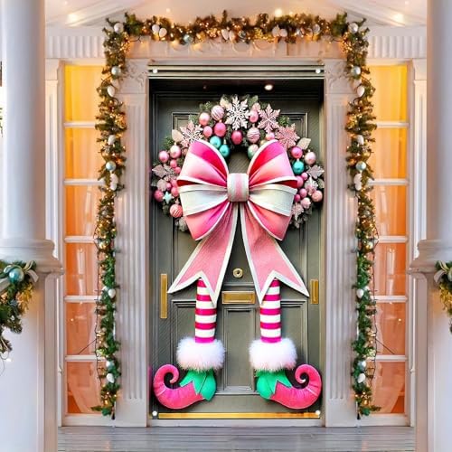BlissYard Christmas Door Cover Elf Bow 35x71 Inch Polyester