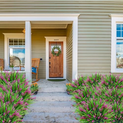 Sggvecsy 12 Bundles Artificial Plants Outdoor Faux Lavender Flowers Fake Monkey Grass UV Resistant Plastic Greenery Plants for Garden Home Porch Window Patio Hanging Planter Indoor Decor (Magenta)