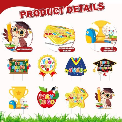 Rngmsi 5th Grade Graduation Yard Signs, 5th Grade Graduation Garden Yard Sign with Stakes, Congrats Fifth Graduation Outdoor Decor for Lawn Garden Grad Party Supplies (8PCS)