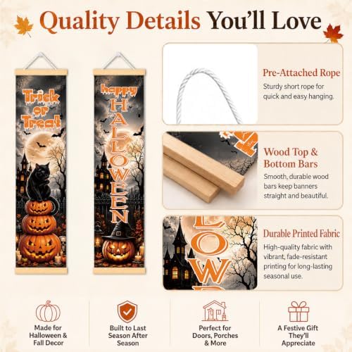 Black Cat Halloween Door Banner Set of 2, Halloween Porch Decor for Home