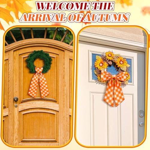 VitalCozy Fall Orange Check Wreath Sash for Front Door, Satin Bow
