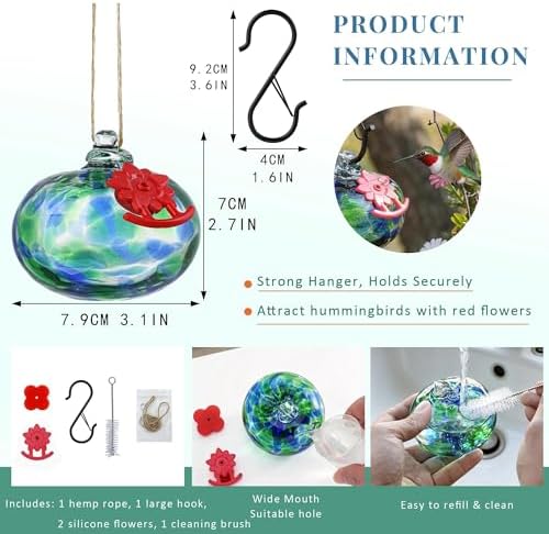 QFkris Blown Glass Hummingbird Feeder for Outdoors Hanging, Small Hummingbird Feeder with Flower Feeding Ports for Outside Garden Backyard Decor, Gifts for Women Mom(Green)