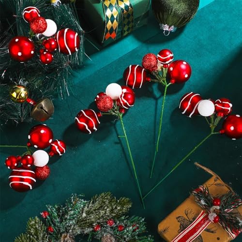 Daifunli 8 Pcs Red and White Christmas Tree Picks 7.87 Inch Christmas Balls Ornaments Xmas Hanging Decorations for Xmas Tree Topper DIY Wreath Holiday Floral Vase Fillers Crafts Home Decor