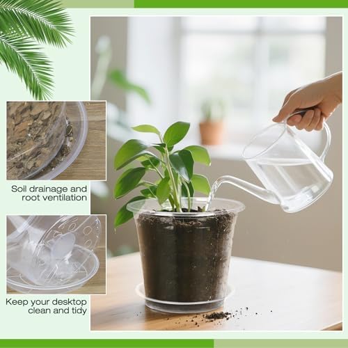 5 Inch Clear Nursery Pots with Drainage Trays, 15 Pack Plastic Pots for Plants, Clear Pot for Seed Starting, Transplanting, Succulents, and Indoor Gardening (5 inch)