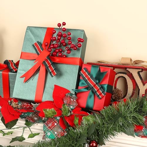 24 Pcs Artificial Christmas Red Holly Berry Stems, Christmas Tree Picks