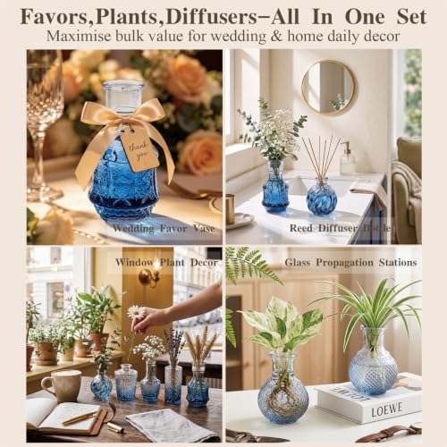 Clear Gradient Blue Glass Bud Vase Set of 24 Pcs,Small Bud Vases in Bulk,Glass Crystal Flower Vases Table Centerpieces for Party Event Wedding Decor Baby Shower Decorations (Gradient Blue, 24 Pcs)