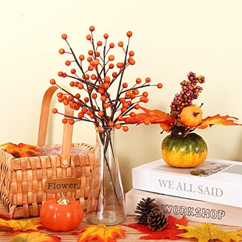 Whaline 12 Pack Fall Berry Stems Autumn Artificial Orange Glossy Berry Twigs Faux Berries Picks for Thanksgiving Christmas Tree Ornaments Crafts Holiday Home Festival Xmas Decoration
