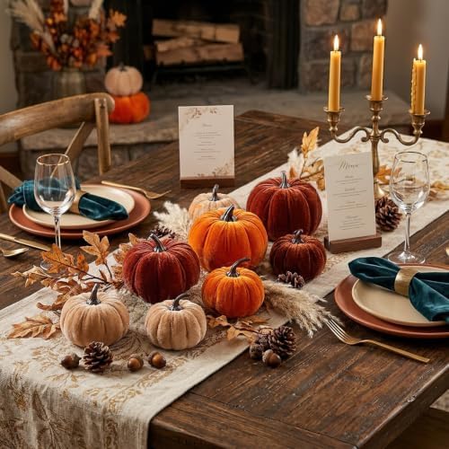 30 Pcs Velvet Fall Pumpkins Set with Leaves, Acorns & Pine Cones