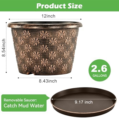 12 Inch Planter Pots for Plants, Plastic Large Flower Pots Indoor Outdoor, 4 Pack Resin Plant Pot with Drainage & Saucer, Retro Decorative Garden Pot with Removable Trays for House