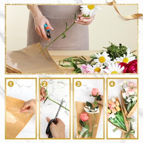 tchrules 50pcs Kraft Brown Flower Bouquet Wrapping Paper with Ribbon