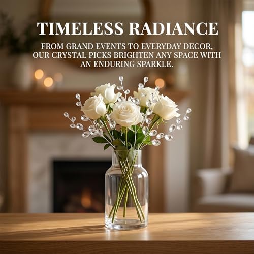VOSAREA 50pcs Crystal Floral Picks: Flexible 3-Strand Artificial Bouquet Stems with Acrylic Bead Drops for Wedding Decor and DIY Crafts - White 6.69 Inch